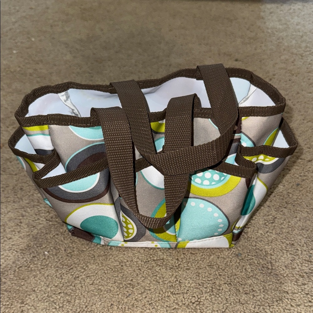 Thirty-One Mini Utility Tote Caddy Organizer Minty Chip Circles w/ handles